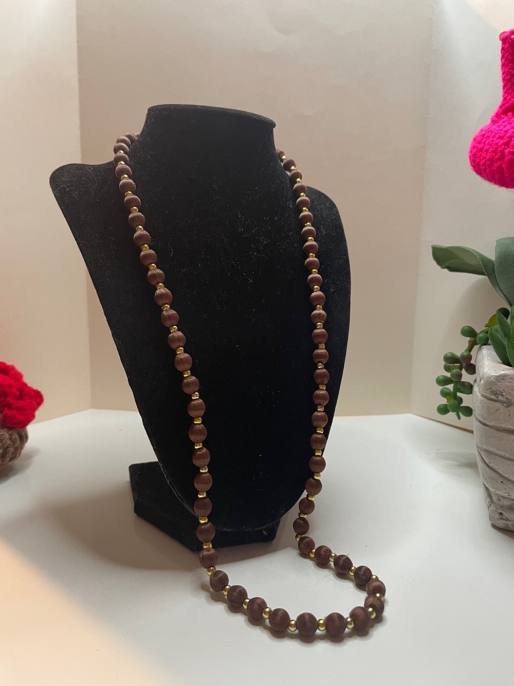 Brown Beaded Necklace with Gold Accents - Women Jewelry
